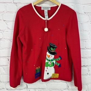Vintage Christmas sweater cardigan Womens size Medium Holiday Ugly Snowmen Zip